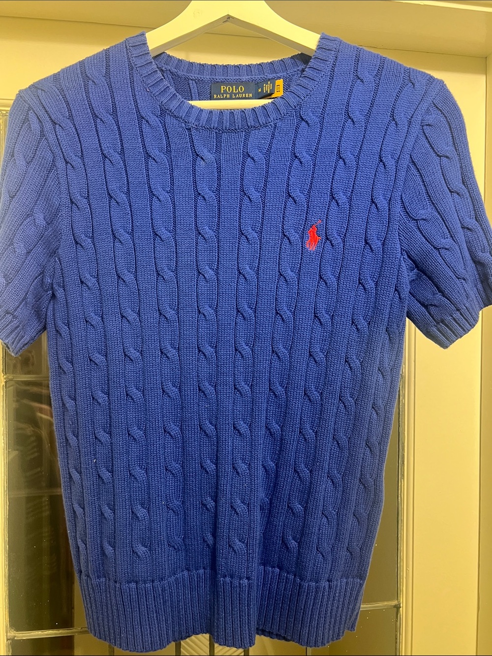 Polo by Ralph Lauren Royal Blue Cable Knit Short Sleeve Sweater with Red Pony